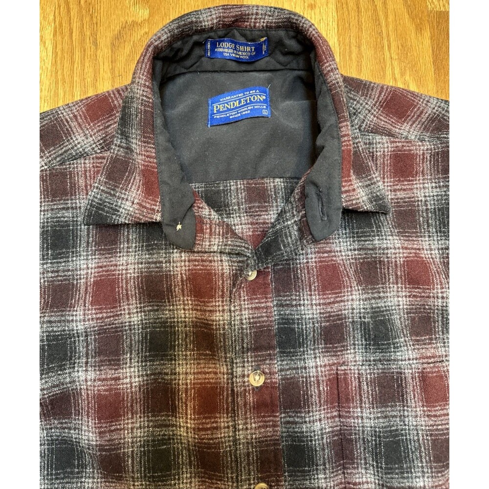 Pendleton Lodge Shirt LG Maroon Grey Ombre 100% Wool Plaid 1982 Archive Series